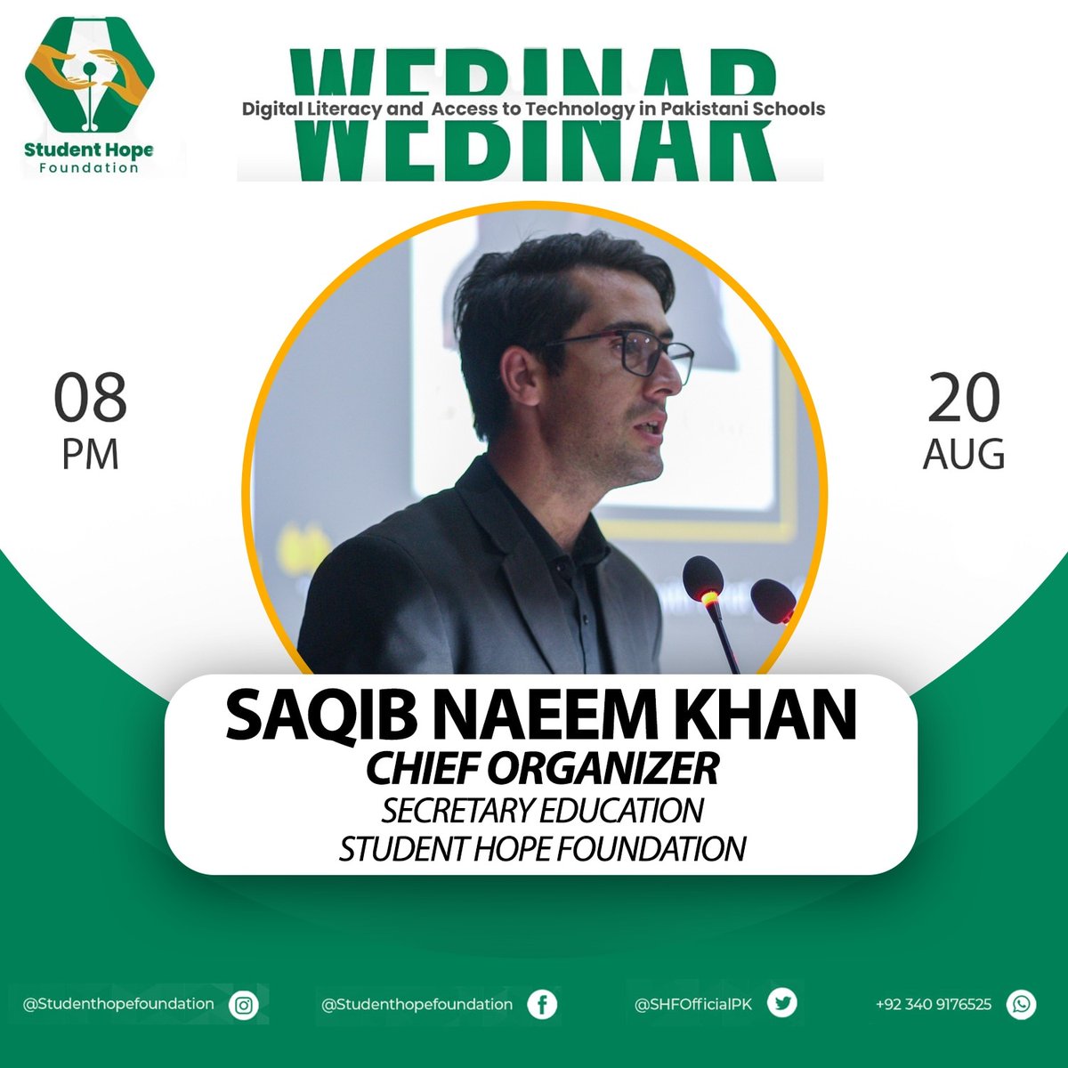 SHFOfficialPK's tweet photo. SHF is proud to announce that the Chief Organiser of the webinar on "Digital Literacy and Access to Technology in Pakistani Schools" on 20th August is Mr. Saqib Naeem Khan. Looking forward to a successful webinar.
#SHF #Studenthopefoundation #SHFians #bringinghopetothehopeless https://t.co/Nr2VfNYqPP