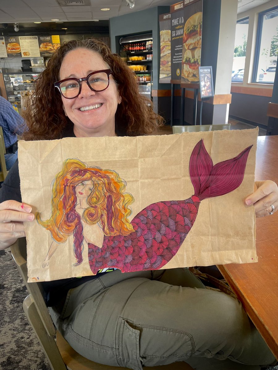 I forgot my paper when loading the Jeep today. So, Dan had to improvise!  #bagart #Brownbagart #einsteinbagelsart #mermaids #upcycle #livingonabudget #frugalfun  #artonabudget #IForgotMyPapper