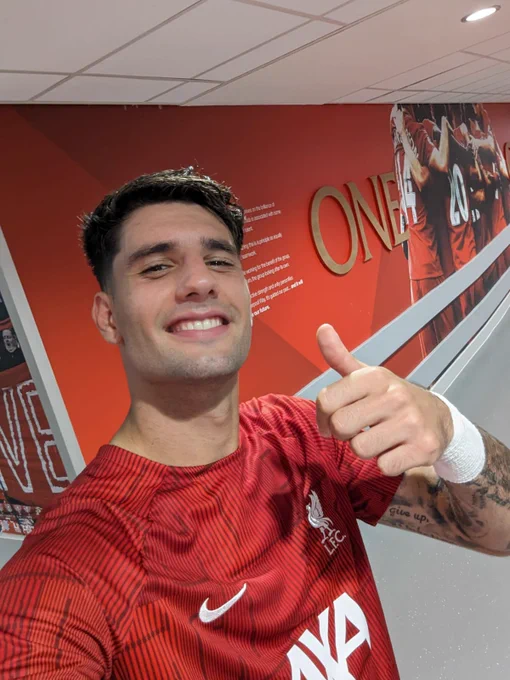 Dominik Szoboszlai takes a selfie after the 3-1 win over AFC Bournemouth in the Premier League at Anfield.