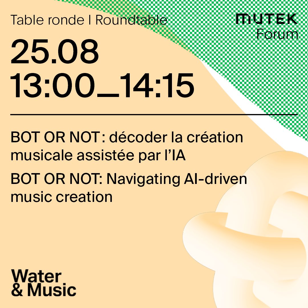 🇨🇦✈️ so excited to be headed to <a href="/MUTEK_Montreal/">MUTEK Montréal</a> next week!

on fri 8/25 at 1PM, we’ll be hosting BOT OR NOT — an interactive workshop on AI and music creativity, ft. <a href="/Yung_Spielburg/">Yung Spielburg</a> <a href="/yotammann/">yotam mann</a> <a href="/_eringee/">Erin Gee</a> and Elaine Ellbogen

we’ll also be DJing the closing cocktail hour at 5PM 👯