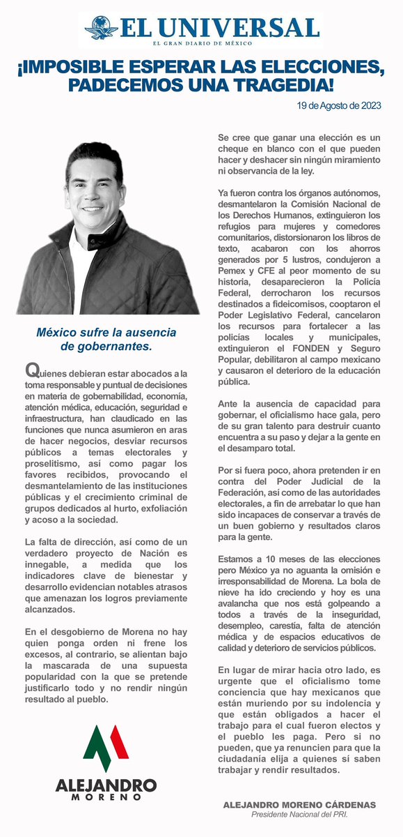 Estamos a 10 meses de las elecciones pero México ya no aguanta la omisión e irresponsabilidad de Morena. La bola de nieve ha ido creciendo y hoy es una avalancha que nos está golpeando a todos a través de la inseguridad, desempleo, carestía, falta de atención médica y de espacios