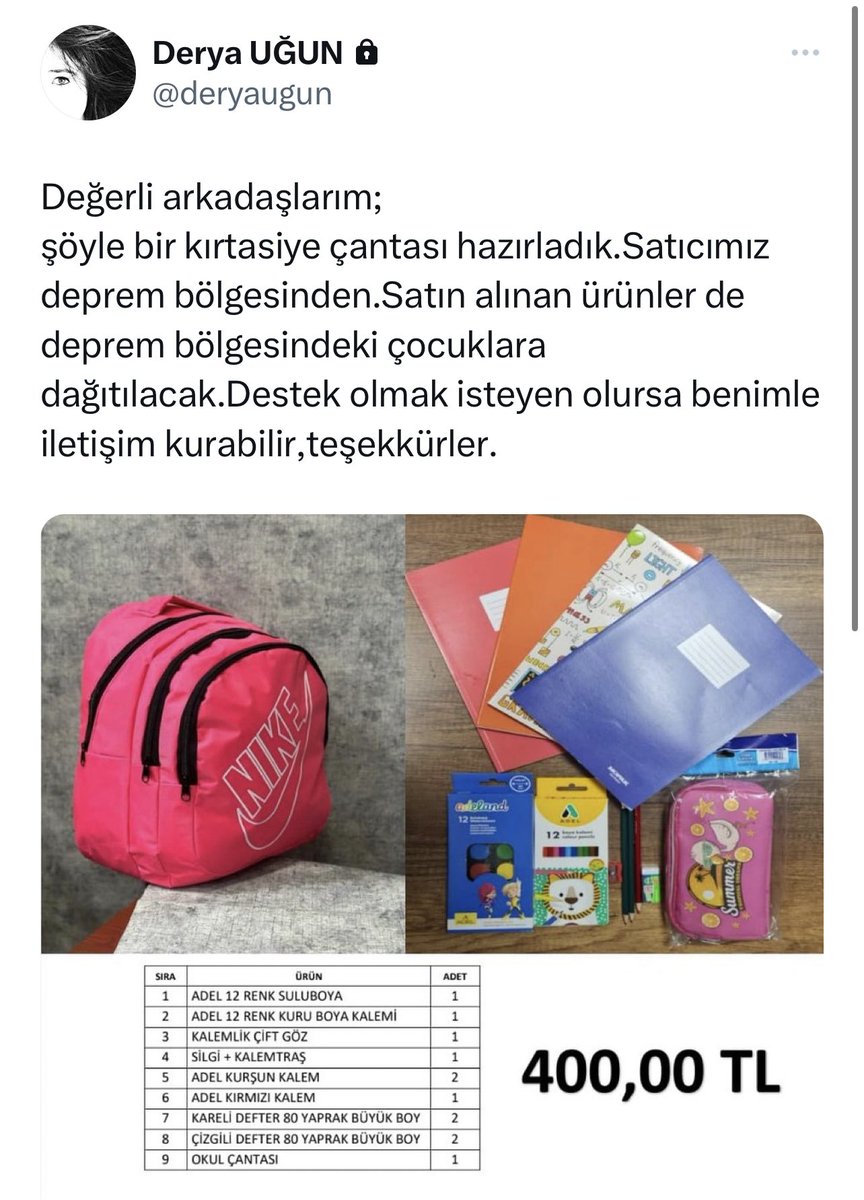 Ebru Karayılmaz (@ebrukarayilmaz) on Twitter photo Hatay’da matematik öğretmeni Derya Uğun hocamız deprem bölgesindeki çocuklar için kırtasiye çantası hazırlıyor, destek olmak için iletişime geçebilirsiniz. 🙏🏼 <a href="/deryaugun/">Derya UĞUN</a> 🎈 Hatay’da matematik öğretmeni Derya Uğun hocamız deprem bölgesindeki çocuklar için kırtasiye çantası hazırlıyor, destek olmak için iletişime geçebilirsiniz. 🙏🏼 <a href="/deryaugun/">Derya UĞUN</a> 🎈