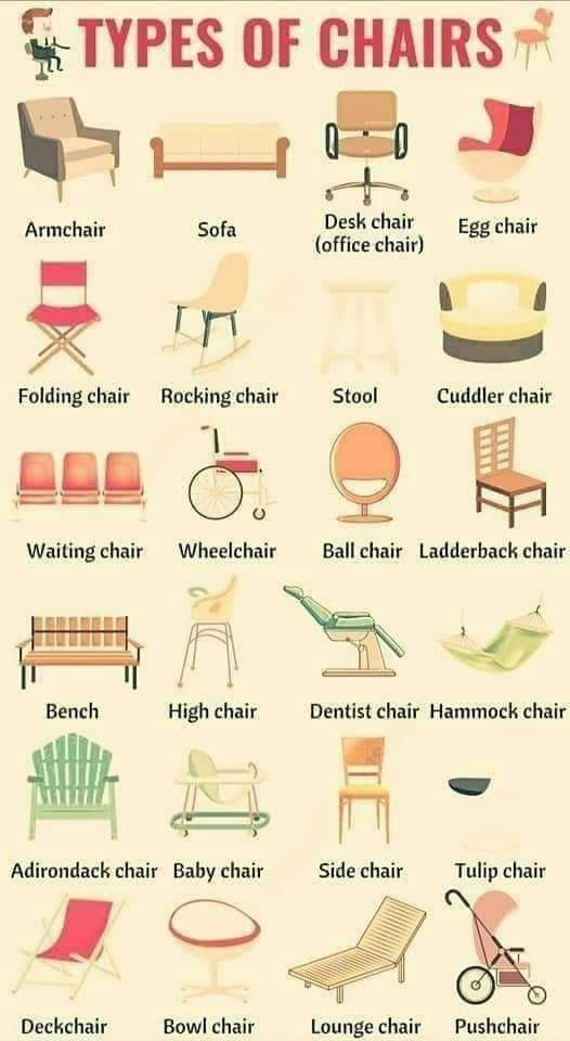 LearnLanguage88's tweet photo. Types of chairs !
#englishlearning #vocabulary #learnerlanguage #followme https://t.co/vktdDiqfxr