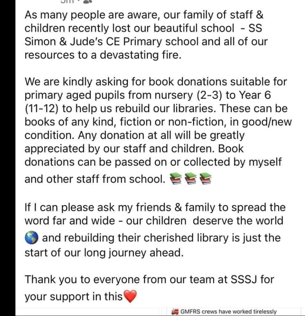 Post from SS Simon and Jude. So sad what has happened. Our thoughts are with pupils, staff and parents. 
Let's help. 
I will organise collection.
Miss Helme.