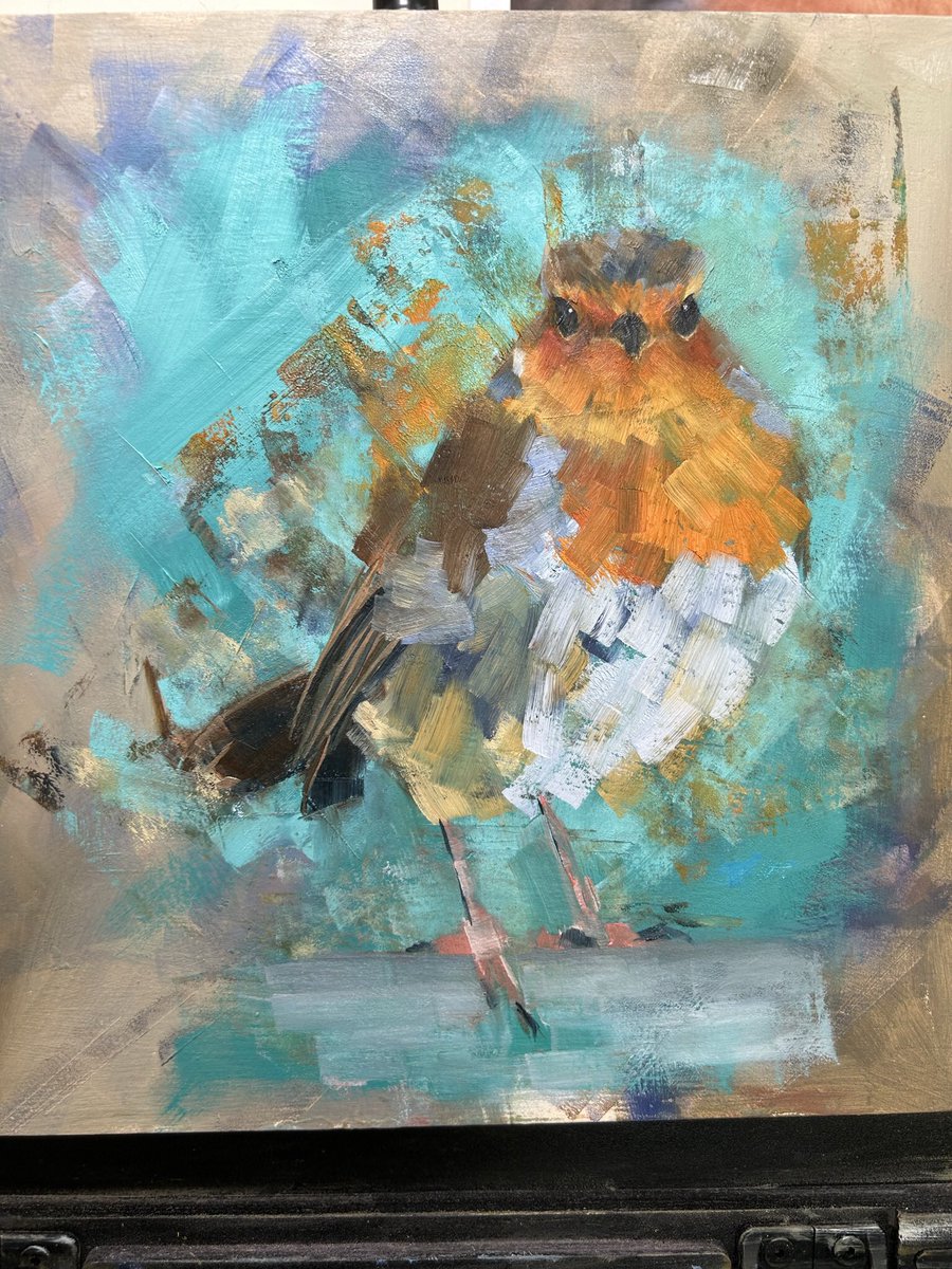 She’s back on the easel for her final layers. 
Grumbling as ever. 
Hattie 
#birds #painting #robins #birdart