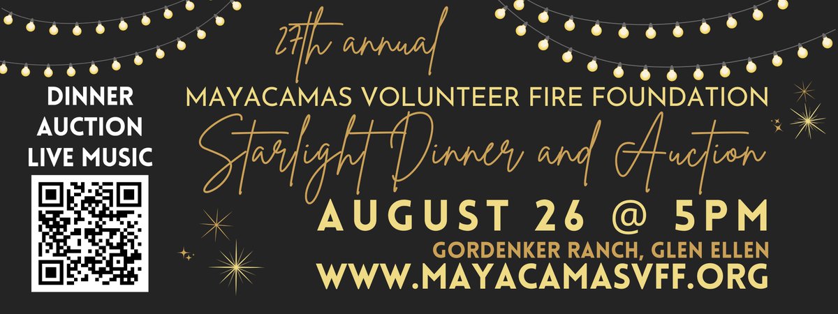 BEWProductions's tweet photo. @MayacamasVFD We are thrilled to announce that the Starlight Dinner &amp; Auction has SOLD OUT! Thank you for your support!! It's going to be a festive night of music, dancing, and great food. And a chance to support our efforts in keeping our community safe, informed, and connected. https://t.co/lkiSCcMeGF
