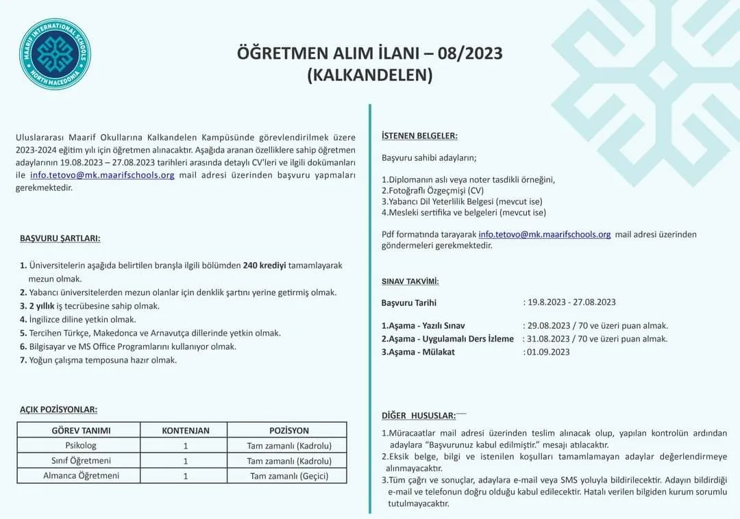 КОНКУРС ЗА НАСТАВНИК - 08/2023 KONKURS PËR MËSIMDHËNËS - 08/2023 ÖĞRETMEN ALIM İLANI - 08/2023