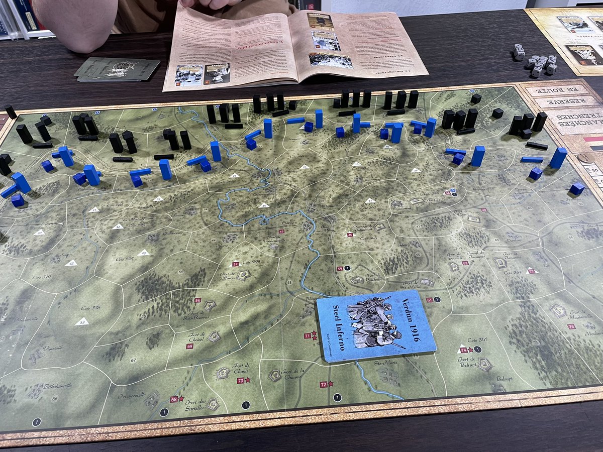 playersaidblog's tweet photo. Verdun 1916: Steel Inferno from Fellowship of Simulations. What a beautiful game and look at that card art! (Cubes were not included in game but we added to denote control as there weren’t enough Control counters) #GunsofAugust https://t.co/YZusL3yAcc