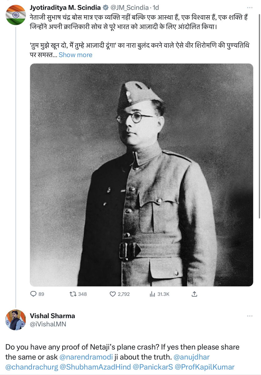 @narendramodi ji Here is the tweet from @JM_Scindia #CorrectYourFact #EndTheSecrecyOnNetaji @anujdhar @PanickarS @ShubhamAzadHind @ProfKapilKumar @chandrachurg