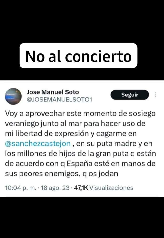 psoebormujos's tweet photo. Exigimos la cancelación del concierto.
👉Llama a los votantes y simpatizantes del PSOE  y resto de partidos progresistas y por ello a  bormujeros y bormujeras, hijos de la gran p..ta. https://t.co/S9qR6N9b0r