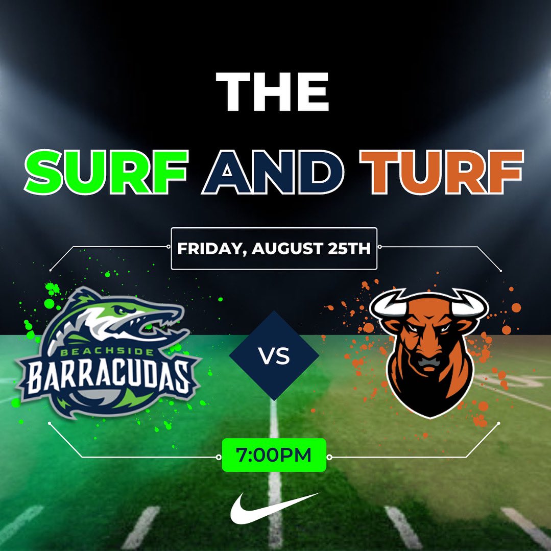 Beachside_FB's tweet photo. PACK THE REEF! The Beachside Barracudas vs. the Tocoi Creek Toros this Friday 8/25 7:00pm at Beachside HS. Tickets are available for purchase via GoFan, link in bio.

#LetsGetlt #BarracudaNation #BeachsideMade https://t.co/obUMHgwAAc
