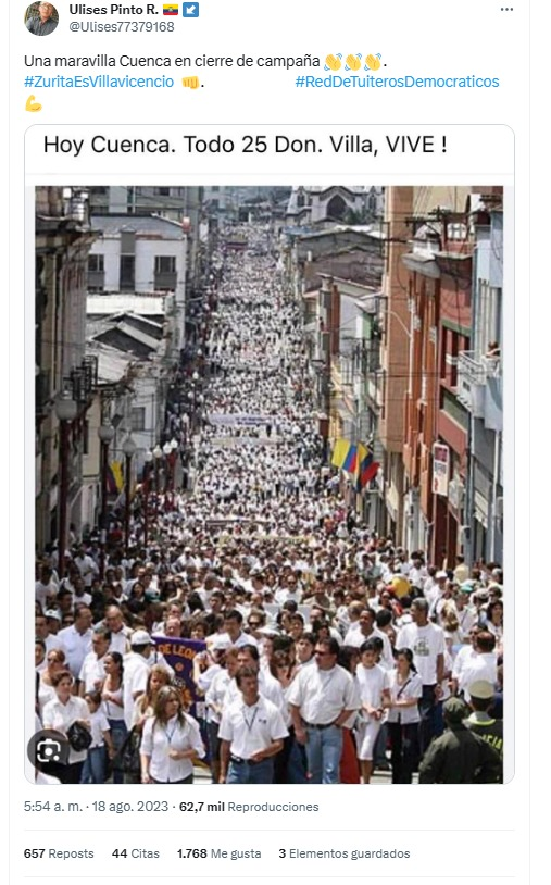 JulianMaciasT's tweet photo. A solo un día de las #EleccionesEcuador2023 destapamos como miles de cuentas falsas creadas para apoyar a Lasso la pasada campaña electoral difunden mentiras tan absurda como esta imagen de Colombia en 2007 para apoyar a Zurita, sustituto de Villavicencio y atacar a sus rivales. https://t.co/nhGTvFlmv7