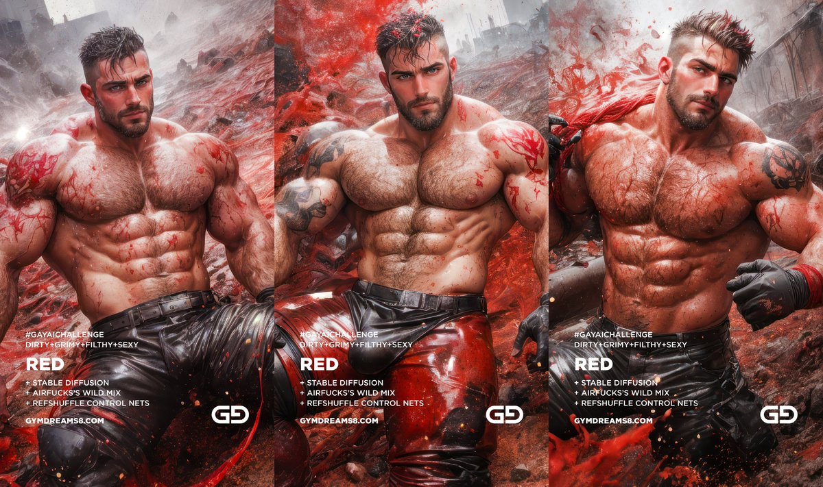GymDreams8's tweet photo. Not an entry to the #GayAIChallenge — just… really liking these men and the red filth. They always look better in 9x16 when I need to make stories for the archive. https://t.co/4ny77xuGRH