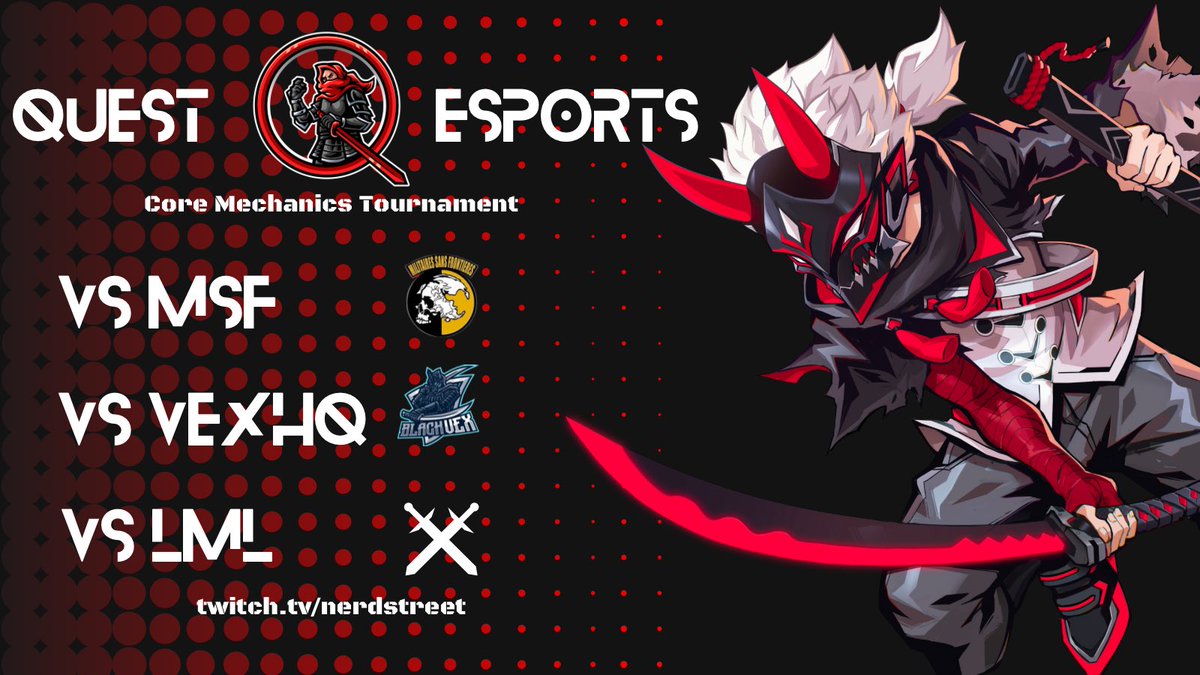 TheQuestEsports's tweet image. We’re taking on Core Mechanics today! 👊

Catch us in a head to head group stage against Militaires San Fronteires, VexHQ, and Last Minute Lobsters!

📺twitch.tv/nerdstreet

#QuestEsports #KeepSeeking