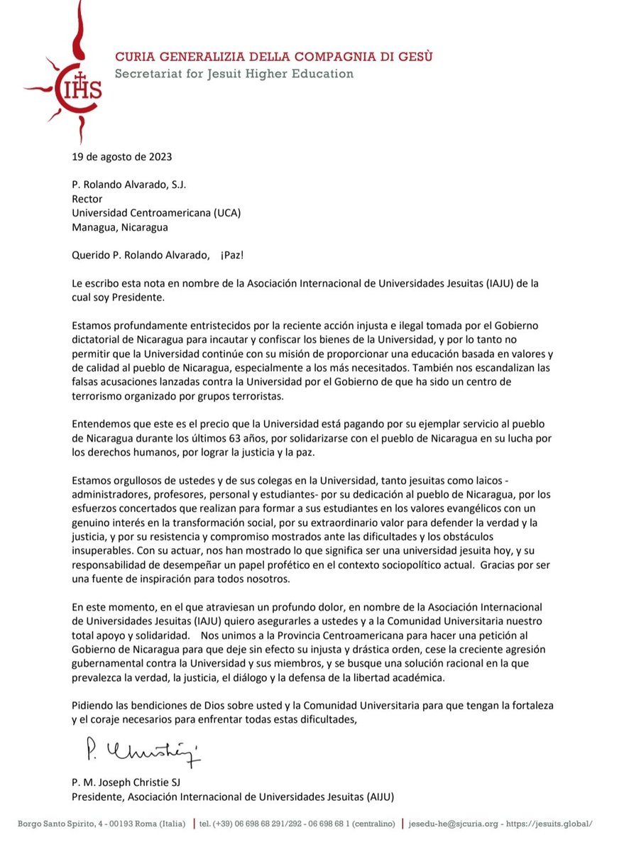 Carta de la Asociación Internacional de Universidades Jesuitas (IAJU) en apoyo a la Universidad Centroamericana, UCA de Managua.