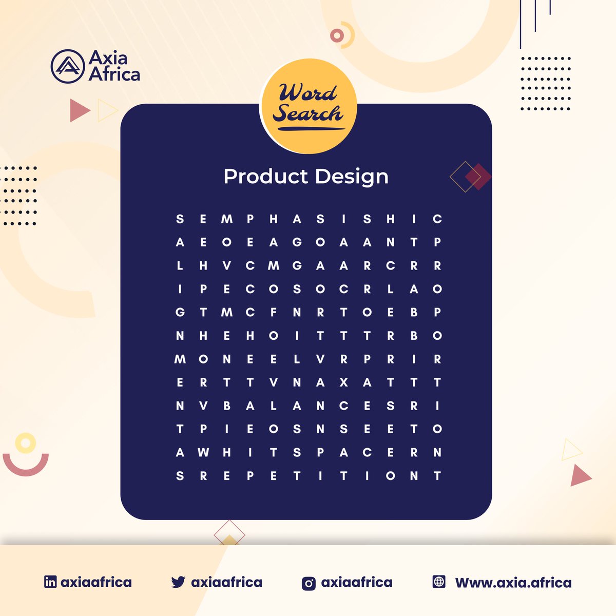 axiaafrica's tweet photo. There are 7 Product Design related terms in this search word. Can you find them all ?
Β
You can now Β pay 20,000 naira only to start learning, and spread the rest across your learning duration conveniently!
Send a DM or visit https://t.co/lgxYtM7GMl to enroll
#techonlineschool https://t.co/UDYIW5rZdn