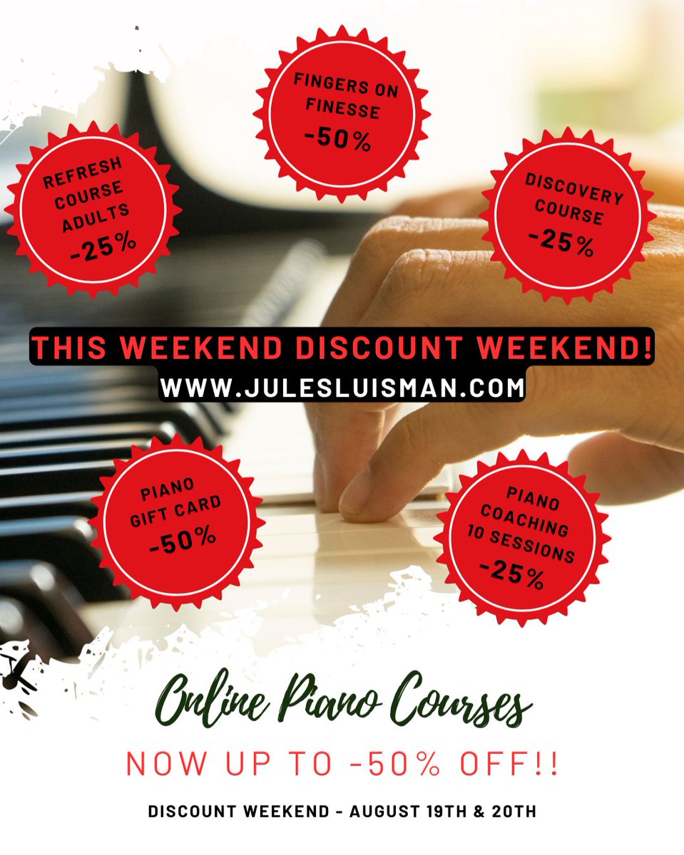 JulesLuisman's tweet photo. This weekend you can buy my online piano courses with high discounts! 🎹 Check out https://t.co/IqTyesTvyJ and subscribe! The promotion is only valid on August 19th &amp; 20th, so make sure you don't miss out on this special offer. Hope to see you soon! #piano #course #coaching https://t.co/3grukA948w