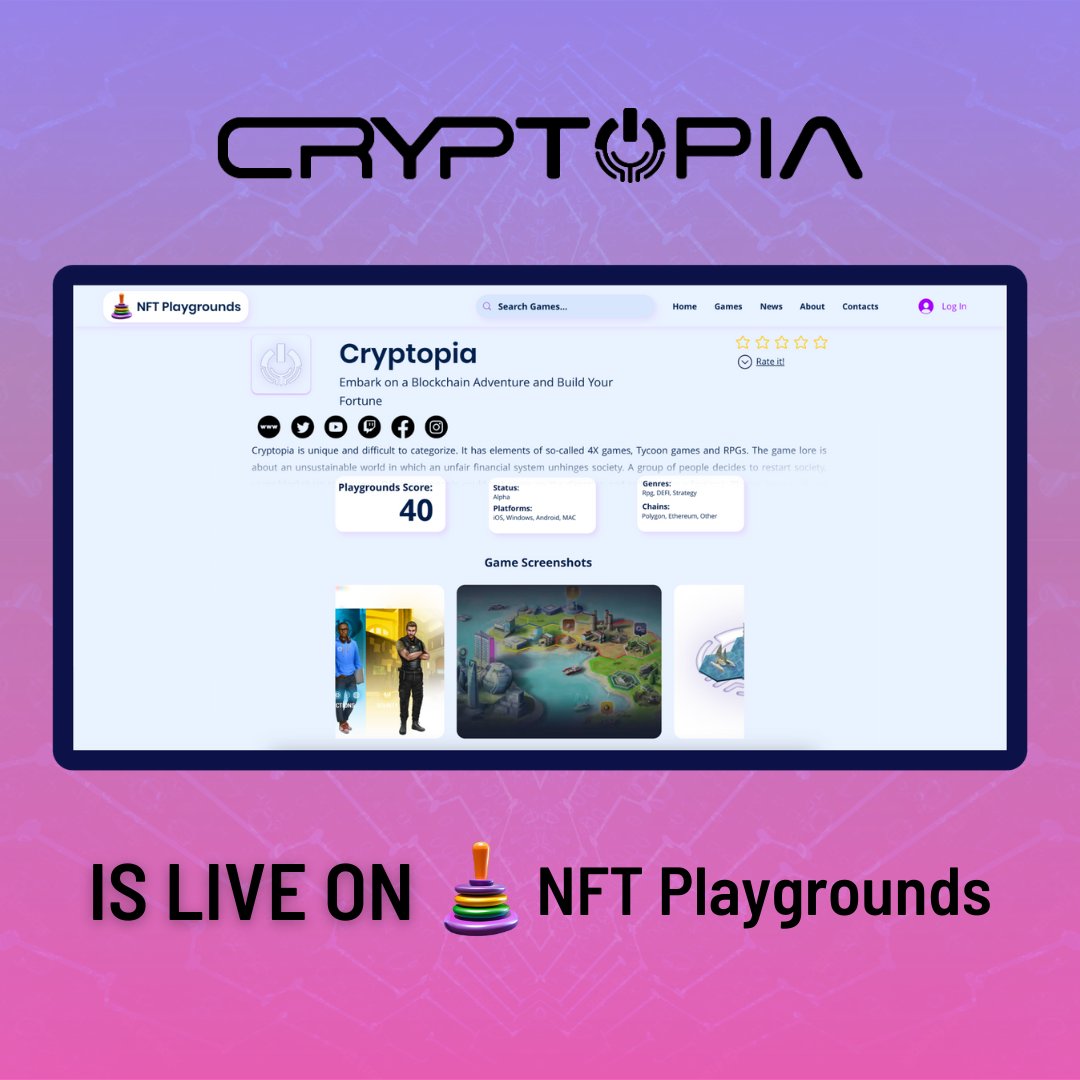 CryptopiaOFCL's tweet photo. 🎨Calling all blockchain-loving Cryptopians! 🎯🎮
We're thrilled to announce that Cryptopia has found its creative haven in the NFT Playground Website at https://t.co/OEJyjiT5dz and experience the fusion of gaming and blockchain technology! 🌌🎨
#Cryptopia #NFTplayground #Blockchain #Web3Gaming