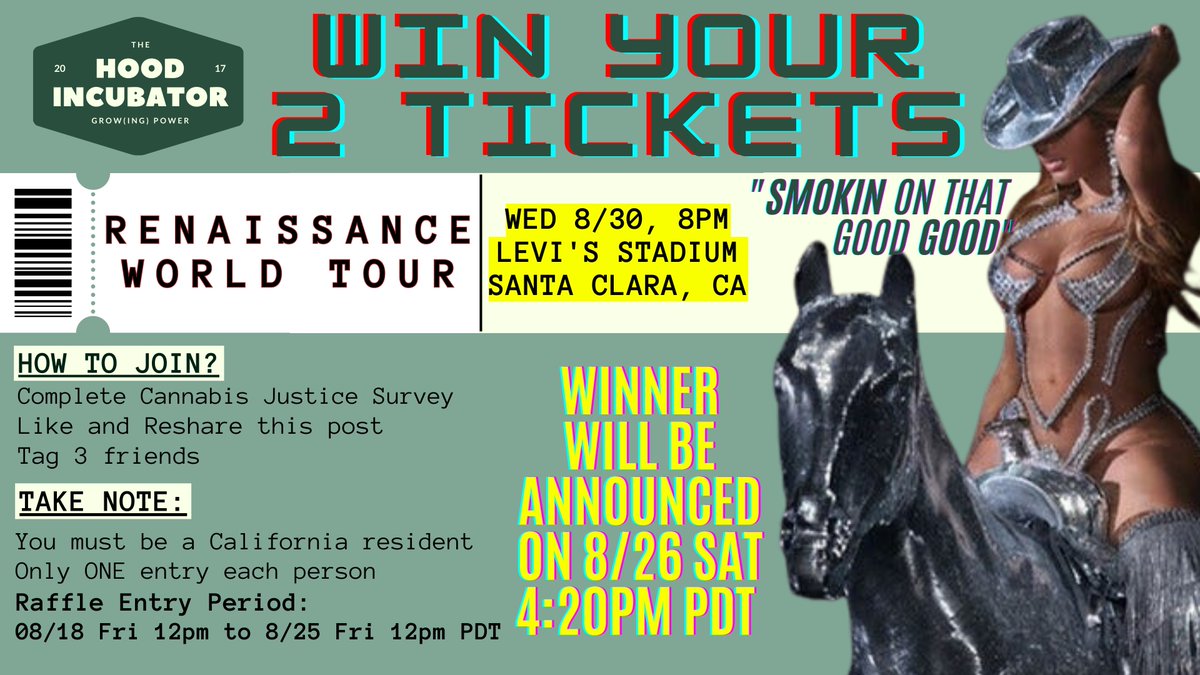🔥SMOKIN ON THAT GOOD GOOD🔥
Our partner, <a href="/hoodincubator/">The Hood Incubator</a> is giving away two tickets to ONE LUCKY RAFFLE WINNER for Beyonce's Renaissance World Tour (on Wed 8/30, 8pm @ Levi's Stadium in Santa Clara, CA). Complete survey to enter the Beyonce raffle: bit.ly/3E0n7Eb