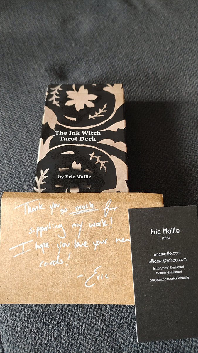 cpdadkins's tweet photo. Just received "The Ink Witch Tarot Deck" by Eric Maille (@elliamvi).

I'm excited to open and use them. This is the first deck that called to me in a while.  I love the message that came with the deck too!!

Thank you Eric!! 

#tarot #writingwithtarot #witchy #happy https://t.co/HlHmzANSCN