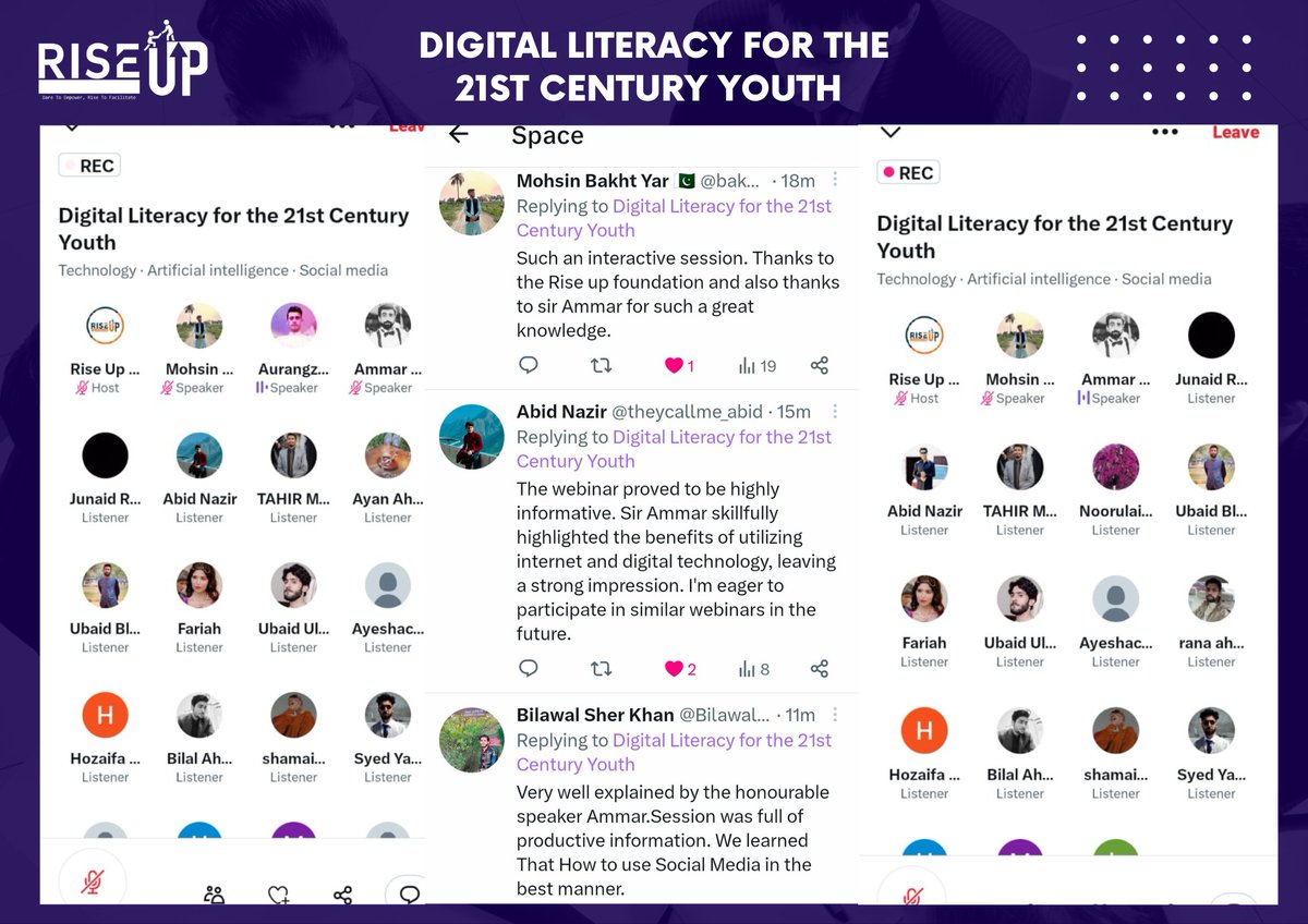 RUFoundation99's tweet photo. Rise Up Foundation has successfully completed their webinar on topic *Digital Literacy on 21st Century Youth*. Spokesperson of webinar was *Ammar Haider Guru* excellent in displaying youth potential.
Thankyou to all!
#riseupfoundation9
#digitalliteracyprogram https://t.co/6YmLQ2nF6f