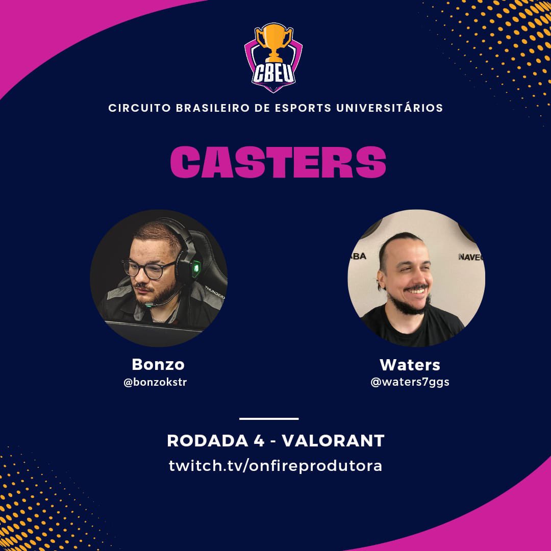 playcbeu's tweet photo. HOJE É DIA DE VAVA 🎶

Se liga como vai ser o sábado da Liga CBEU da Rodada 4 de VALORANT! A festa será comandada por @bonzokstr e @waters7gg, a partir das 16h, no canal da Twitch da @onfireprodutora 🔥

#ToNoCBEU https://t.co/qWBZX36zBn