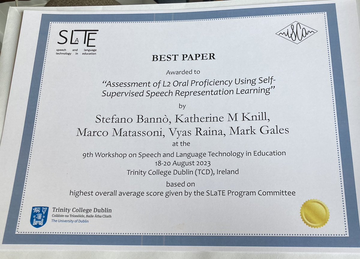 StefanoBanno's tweet photo. What’s the craic, people?
My first SLaTe has been a blast! I’ve been waiting for this workshop for so long, and now that it’s over I can’t wait for the next edition. We even won the award for the best paper!

Many thanks to the organising committee! 🤩
#SLaTe2023 #Interspeech2023 https://t.co/eFNv4Eyg6N