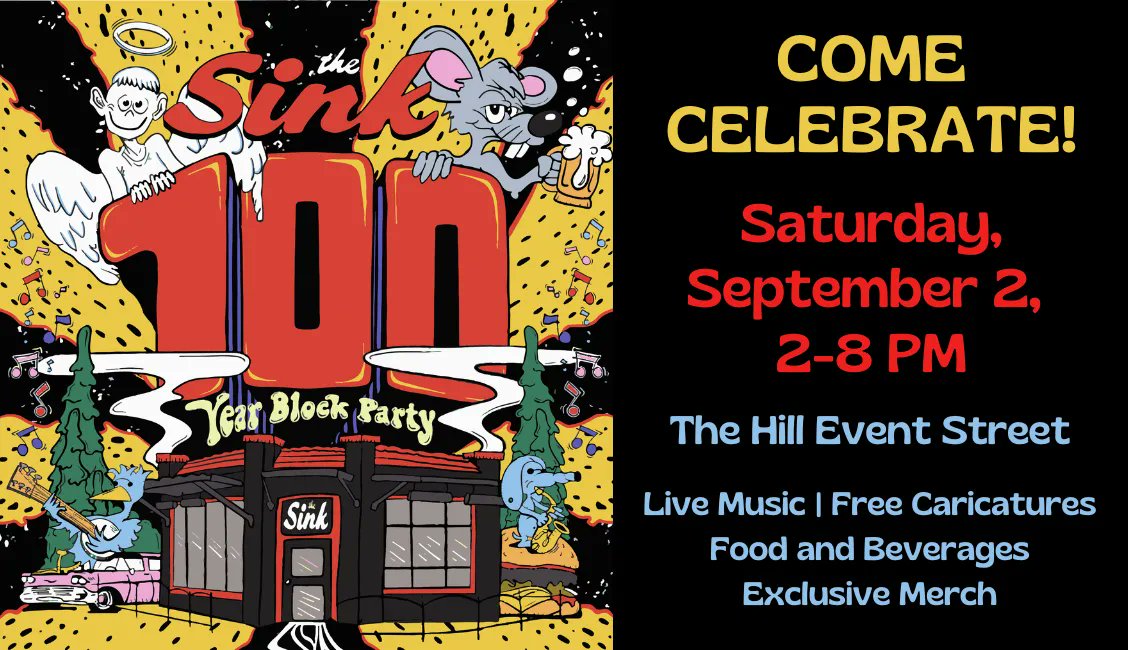 🎉 Join us for The Sink's 100th Anniversary Block Party on Sep 2, 2-8 PM on the Hill Event Street! Free entry, live music, Avery Beer Tent, Sinkburgers, exclusive merchandise, prizes, and more. It's a celebration you won't want to miss! 🍔🍻🎶 #thehillboulder #boco #boulder