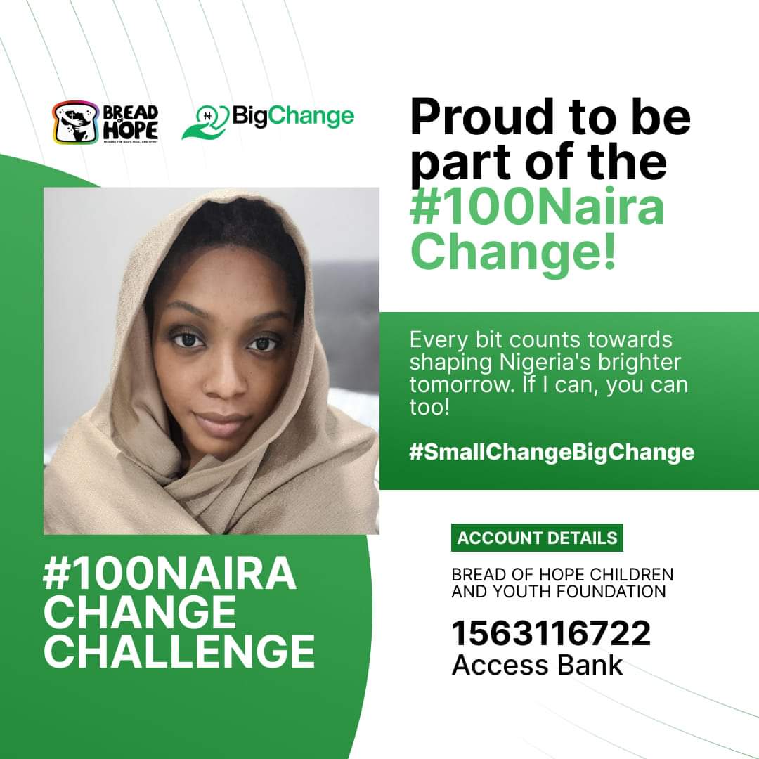 vivianelebiyo's tweet photo. Your #100Naira can make waves of change! Join the #100NairaChange campaign with #BreadOfHope. Every donation empowers a child to get an education & ensures no child is hungry. #SmallChangeBigChange
Donate: Access Bank 1563116722 or click π
https://t.co/kjzTOUHyix https://t.co/3qhmaanSpa