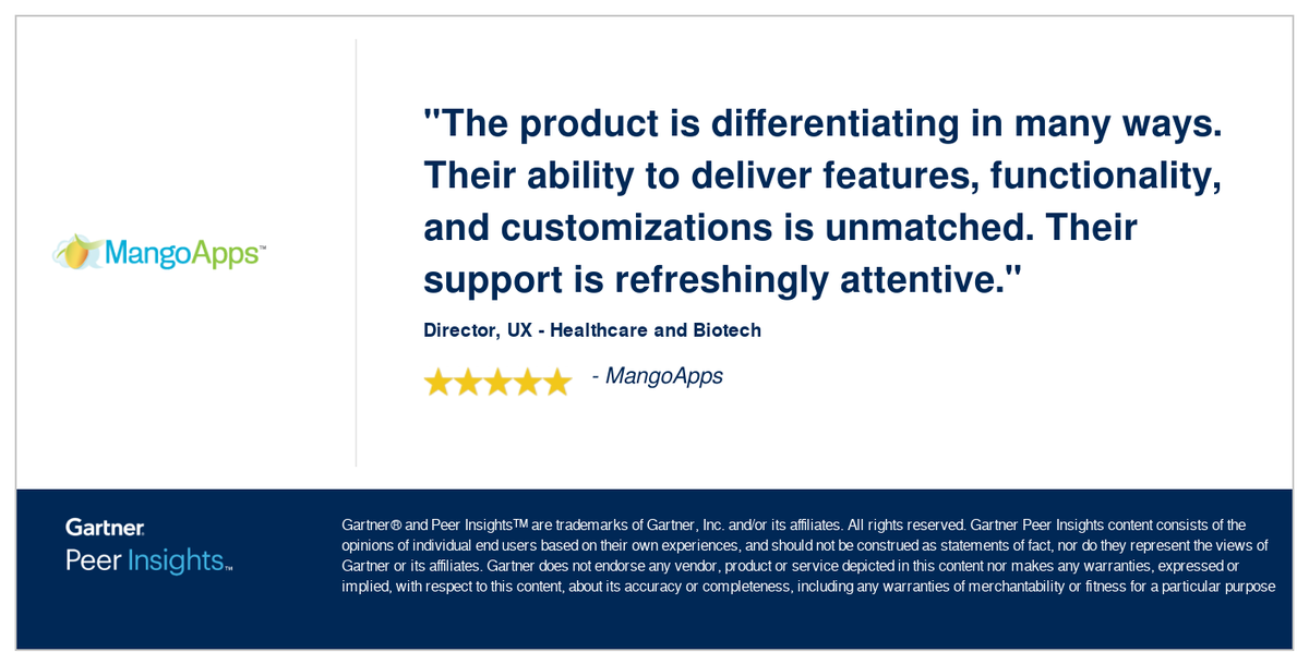 mangoappsinc's tweet photo. MangoApps is different from the rest.🥭 Check out https://t.co/zkRIsa1fVp  to learn more! 

 #ModernIntranet #DigitalWorkSpace #SecureIntranet #EmployeeSuperApp #RetailIntranet #HealthcareIntranet #FrontlineEngegament #GartnerPeerInsights https://t.co/KLTUeJMnAW
