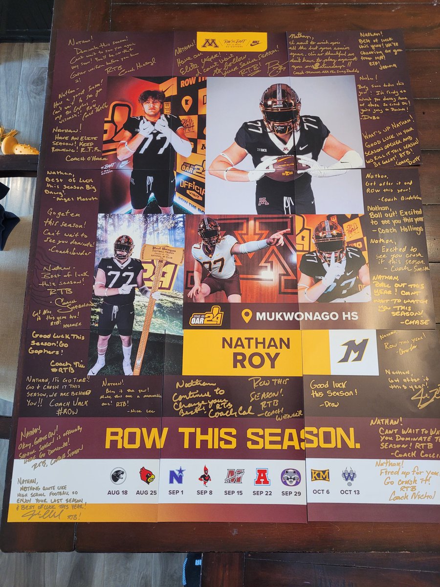 BigBen55770705's tweet photo. A 9-page graphic of @thenathanroy signed by the entire staff that transformed into 1 poster size work of art!  Well done @GopherFootball !  

@Coach_Fleck and @Callybrian -- give those media folks a raise! https://t.co/bBiH7Lcu5l