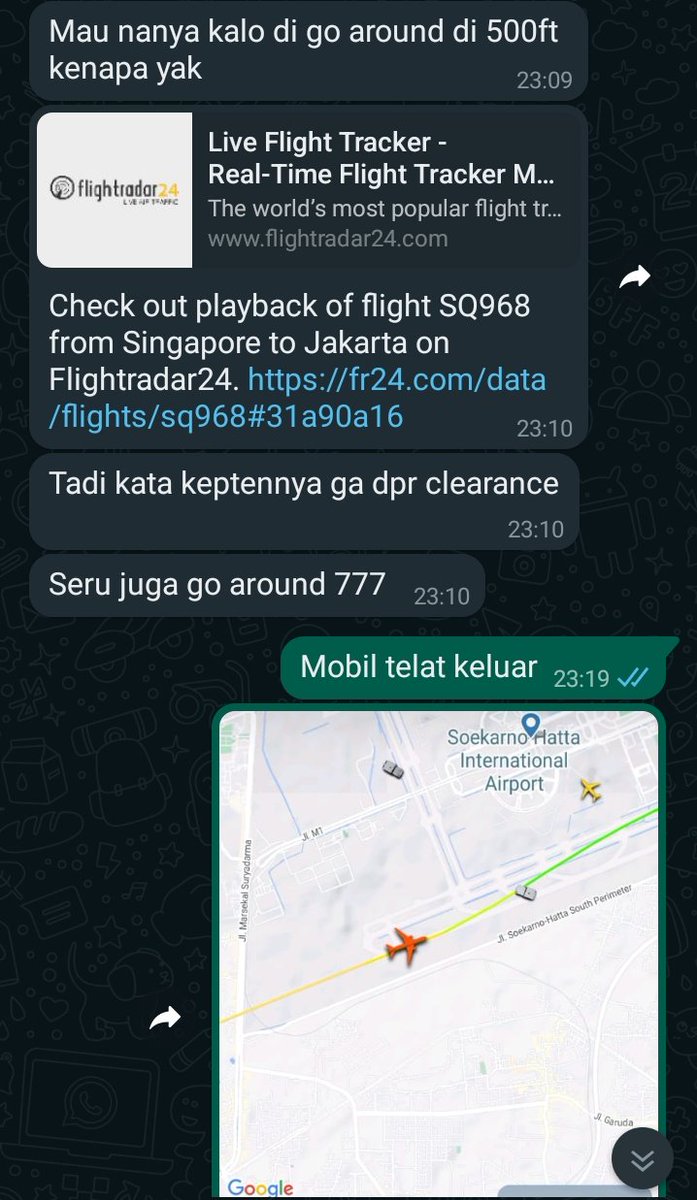 GerryS's tweet photo. Ada pesawat Singapore Airlines malam² go-around di bandara Soekarno-Hatta ada apa? Teman yang onboard SQ968 nanya, soalnya bukan di jam sibuk. Kata captainnya gak dapat landing clearance. Lha kok?

Ternyata setelah buka FlightRadar24, ada kendaraan runway inspection masuk runway (pasti dengan ijin), dan sepertinya telat keluar atau menemukan sesuatu yang butuh di cek.

Pesawat go around di 500ft diatas permukaan landasan. Masih aman, cuman buat saya, kenapa kendaraan yang jalan di runway tidak menghadap incoming traffic (untuk situational awareness yang lebih bagus) seperti di bandara² sibuk lainnya?

Bersyukur komunikasi berjalan baik dan pesawat tidak menunggu terlalu sama untuk go-around.

Go-around itu seru buat beberapa, mengerikan buat beberapa, tapi memang terjadi sehari² di segala penjuru dunia (bisa dibilang "jarang tapi sering", mungkin?)

Semoga next time koordinasi antara pesawat, tower dan airside inspection vehicle bisa lebih bagus (seperti biasanya).