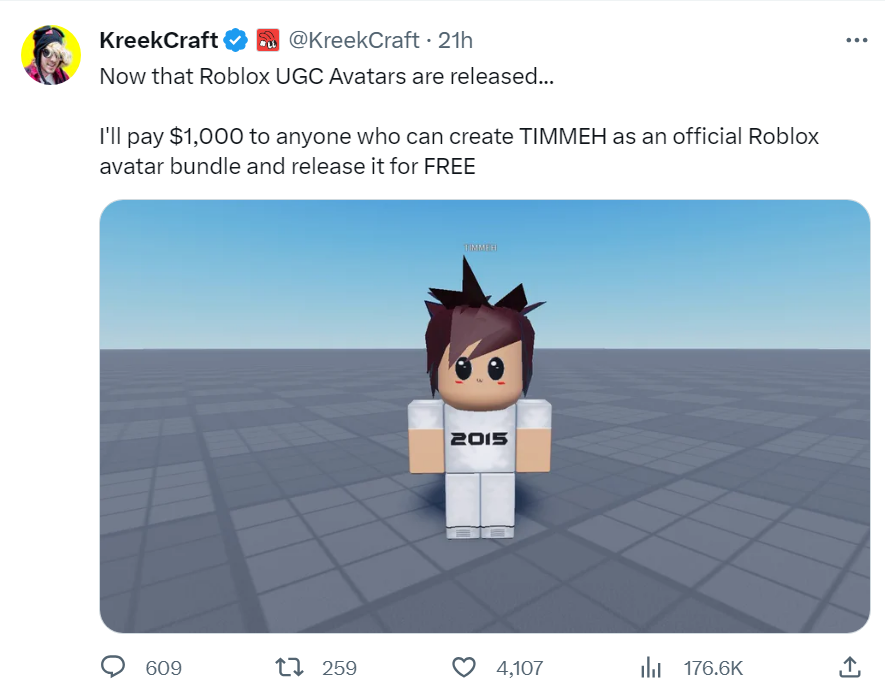 RoGameNews's tweet photo. Popular ROBLOX youtuber @KreekCraft is giving 1,000 USD to anyone who can create "TIMMEH" as a avatar bundle and release it for free.
#RobloxDev #RobloxDevs #USD #Bundle #Avatar #Kreek #Kreekcraft #UGC #RobloxUGC #Roblox #Free #Timmeh https://t.co/pZymETGXfM