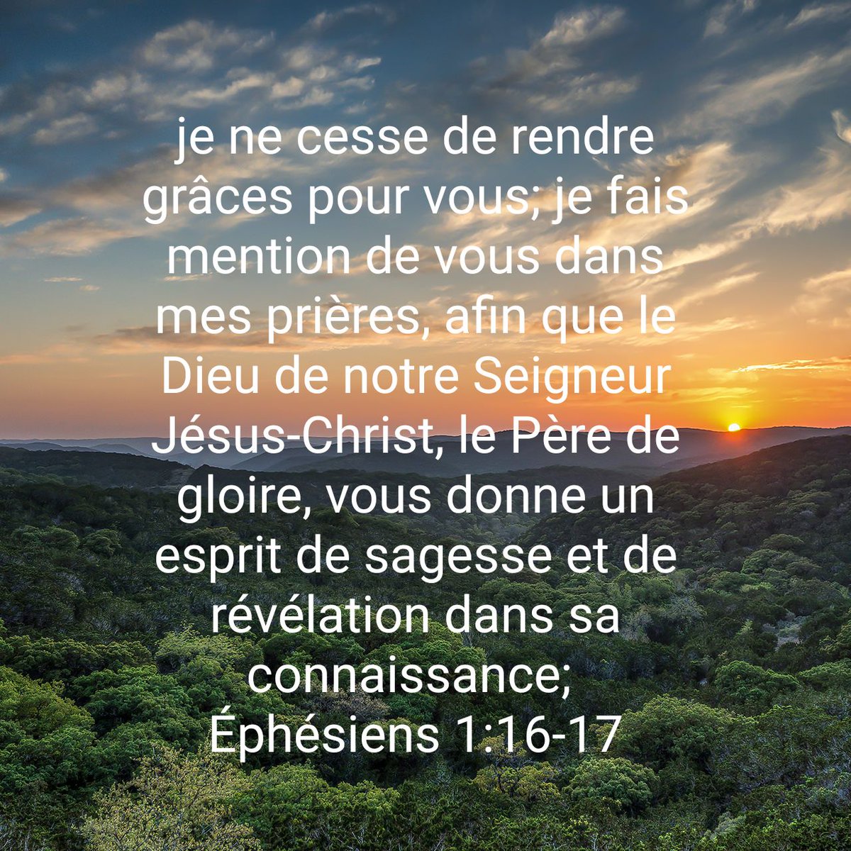 MeltoPat's tweet photo. je ne cesse de rendre grâces pour vous; je fais mention de vous dans mes prières, afin que le Dieu de notre Seigneur Jésus-Christ, le Père de gloire, vous donne un esprit de sagesse et de révélation dans sa connaissance;
Éphésiens 1:16-17 NEG79

https://t.co/VIt9Ym6nib https://t.co/fT1hKGaZC9