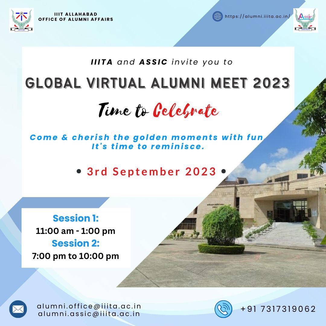 AlumniIiita's tweet photo. 🌍 Join us for our upcoming Virtual Global Alumni Meet, where graduates from around the world will reconnect, share experiences, and celebrate.
🗓 Date: September 3,2023
🕒 Time: Session 1: 11:00 AM to 01:00 PM
  Session 2: 07:00 PM to 10:00 PM
📍 Where:  Webex (Online) 
#IIITA https://t.co/ESu3KWl6qI