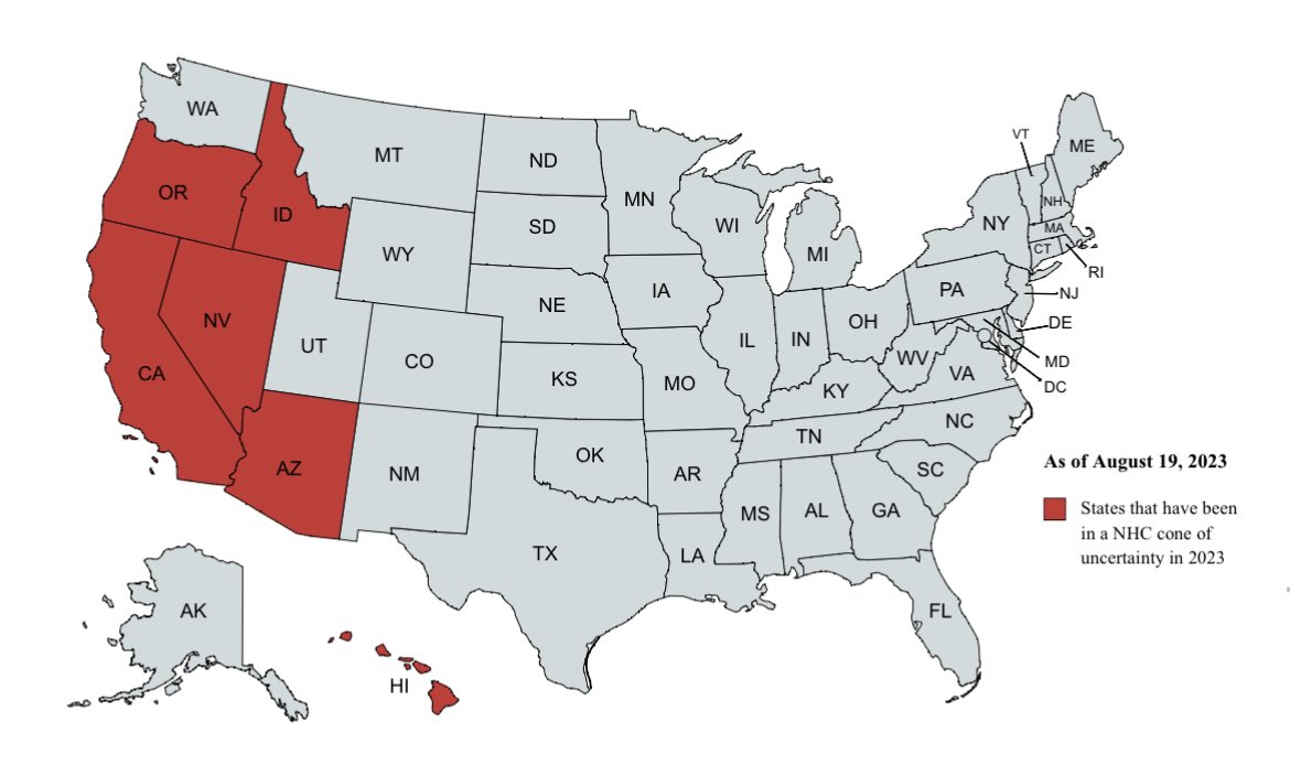 Map of every U.S. state that has been under an NHC cone of uncertainty so
far in 2023.