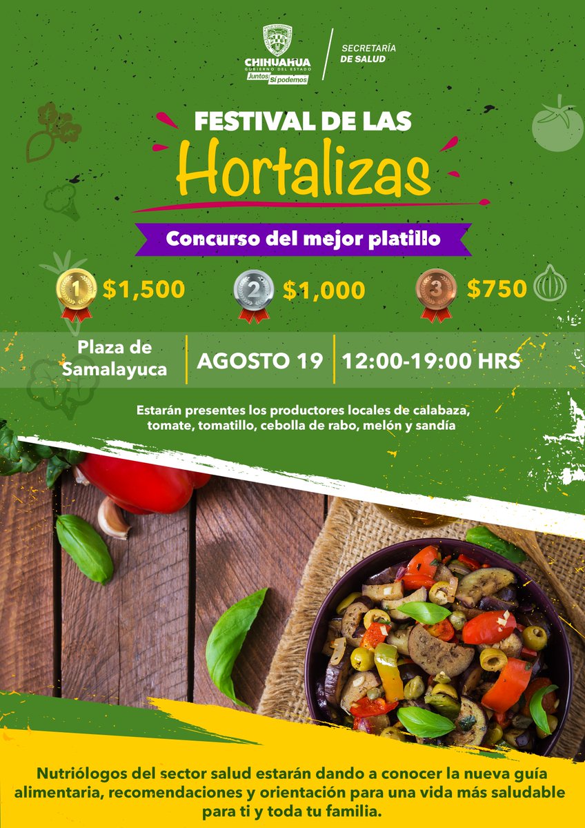 Este 19 de agosto, invitamos a la comunidad juarense y de la región a acudir al Festival de las Hortalizas en Samalayuca.
Se contará con un módulo de nutriología para orientar a la población sobre las prácticas alimenticias y podrás participar en un Concurso del mejor platillo.