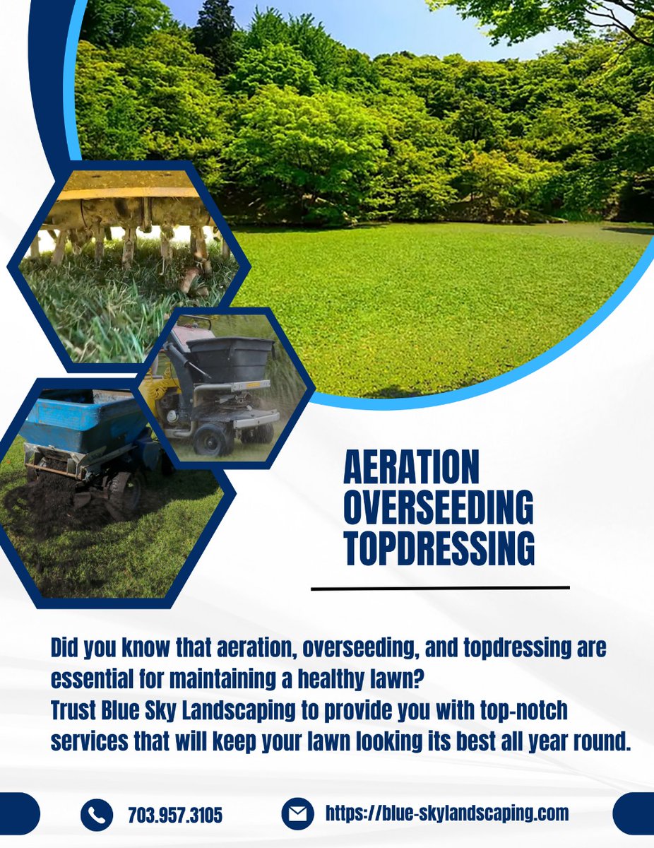 Aeration, overseeding, and topdressing are three key steps to achieving a beautiful and healthy lawn. At Blue Sky Landscaping, we're committed to providing our customers with the highest-quality services to help them achieve their landscaping goals

blue-skylandscaping.com/aeration-seedi…