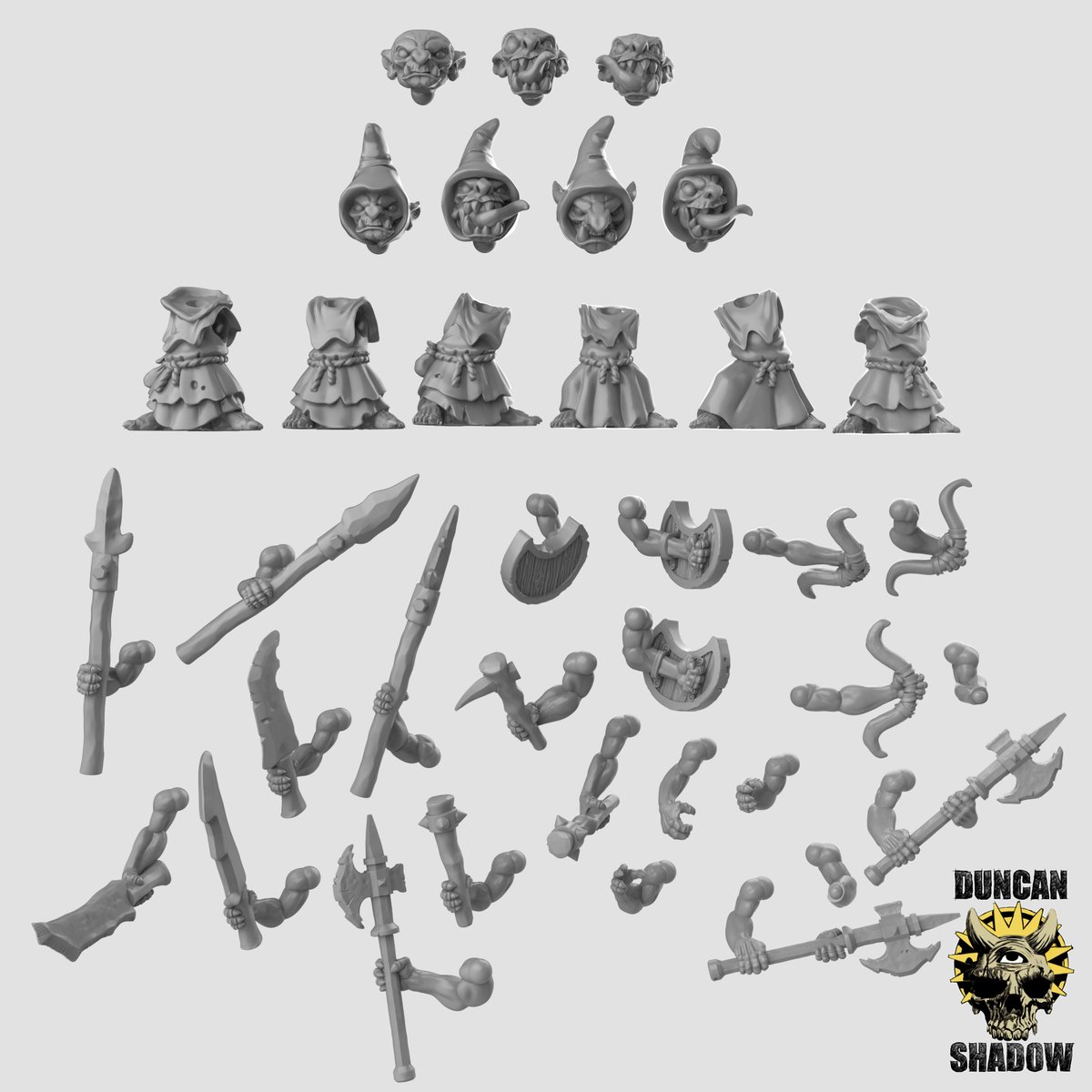 DuncanShadow's tweet photo. Goblin Multipart Kits 
All compatible with each other and come with pre supported options 

Use code SUMMER23   and get 50% off of anything in my MyMiniFactory store for a short time    

#3dpriniting #ageofsigmar #warhammer https://t.co/4xt3bFPmLs