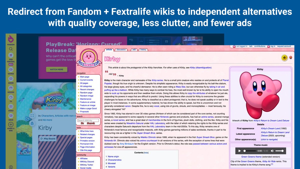 Screenshot from Indie Wiki Buddy showing the difference between Fandom's wiki for Kirby where much of the page is obscured by ads and the independent Wikirby's article for Kirby.