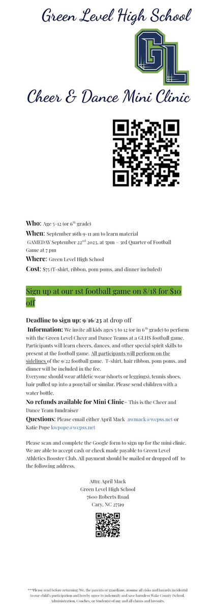 It’s that time❗️Green Level Cheer &amp; Dance Mini Clinic for ages 5-12 (through 6th grade) on September 16th 9-11 am &amp; GAMEDAY September 22nd at 5pm – 3rd Quarter of the Football Game💙💚🤍

Click the link below to register! forms.gle/fNsJ5bAsp3prc6…

<a href="/GreenLevelHigh/">Green Level High School</a> <a href="/G_L_ATHLETICS/">𝙂𝙧𝙚𝙚𝙣 𝙇𝙚𝙫𝙚𝙡 𝘼𝙩𝙝𝙡𝙚𝙩𝙞𝙘𝙨 🐊</a>