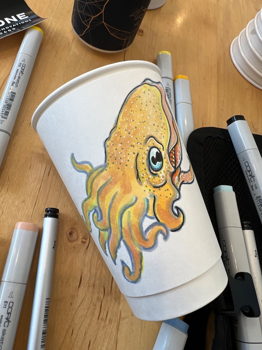 Drawing cephalopods on coffee cups this morning. #CoffeeCupArt #SketchCups