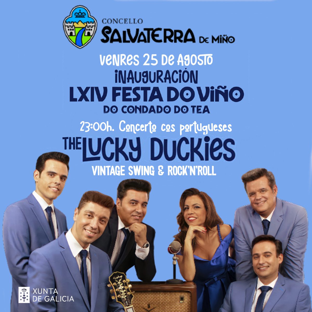 Na próxima sexta-feira, dia 25 de Agosto, rumo com os LUCKY DUCKIES à Galiza, para um grande concerto de inaguração de uma das maiores festas do vinho da Península Ibérica: A 64ª FESTA DO VIÑO do CONDADO do TEA, na fronteiriça SALVATERRA de MIÑO (faz Eurocidade com Monção).