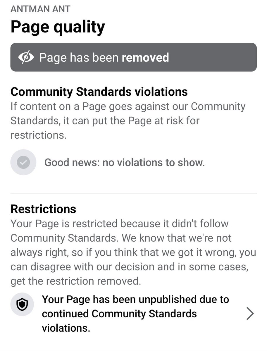 AntmanAnt3's tweet photo. Sorry guys, problems with my @facebook Page. Violations and no violations all at the same time! Clever stuff this A.I!!!
#humanplease https://t.co/88i9v82Idy