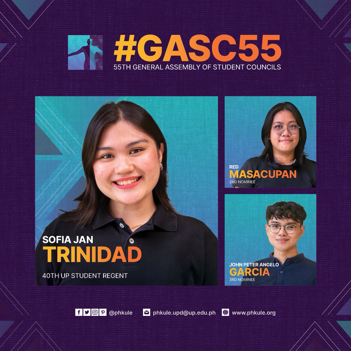 Iya Trinidad of UP Baguio is the 40th Student Regent of the UP System, followed by Red Masacupan of UP Mindanao and Jpeg Garcia of UP Los Baños as the second and third nominees, respectively. She will be the sole representative of the students in the Board of Regents, the highest