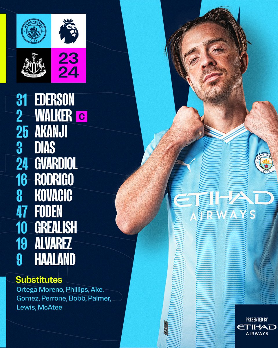 ManCity's tweet image. Tonight's squad to face Newcastle United 🙌

XI | Ederson, Walker (C), Akanji, Dias, Gvardiol, Rodrigo, Kovacic, Foden, Grealish, Alvarez, Haaland

SUBS | Ortega Moreno, Phillips, Ake, Gomez, Perrone, Bobb, Palmer, Lewis, McAtee

#ManCity | @etihad