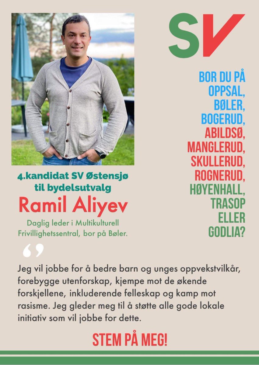 Bor du på Oppsal, Bøler, Bogerud, Abildsø, Manglerud, Skullerud, Rognerud, Høyenhall, Trasop eller Godlia? 

Jeg er 4.kandidat SV Østensjø til bydelsutvalg. Stem på meg!

Bruk stemmeretten! 
#StemSV
