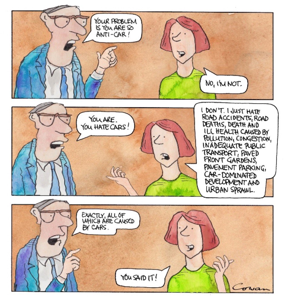 I don’t hate cars. I hate surrendering our cities and our lives to them. 

Cartoon by <a href="/cowanrob/">Rob Cowan</a> #CarDependency