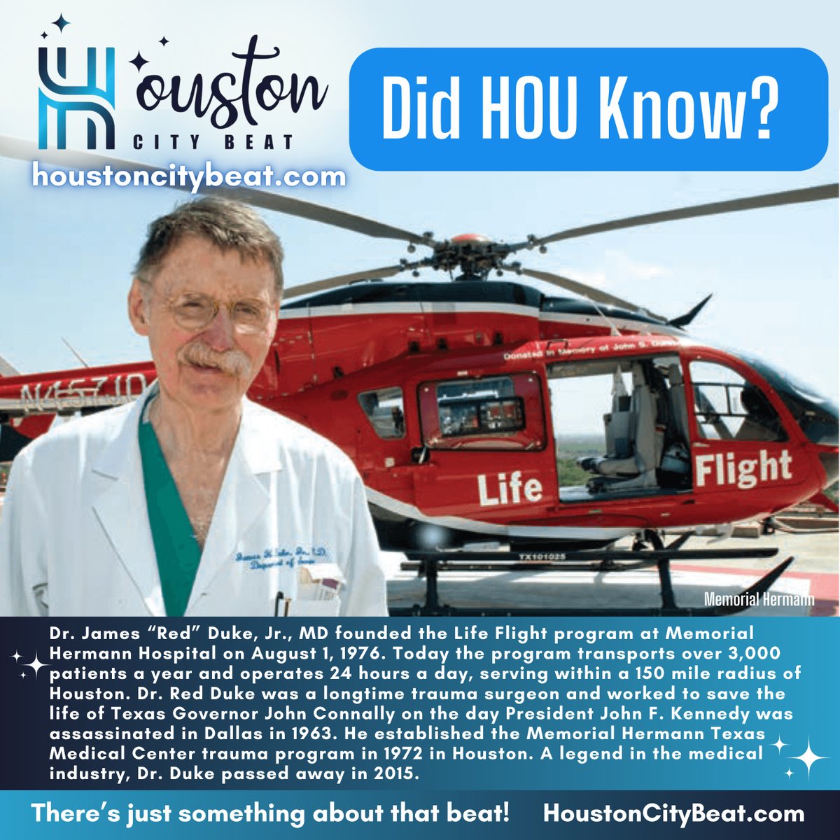 Did HOU Know? The legendary Dr. James “Red” Duke, Jr., MD founded the Life Flight program at Memorial Hermann Hospital on August 1, 1976. 

#MemorialHermann #DrRedDuke #LifeFlight #houstonhistory #HoustonTexas #HoustonTX #Htown #SpaceCity #TexasMedicalCenter #Hou #Htx #DidHOUKnow