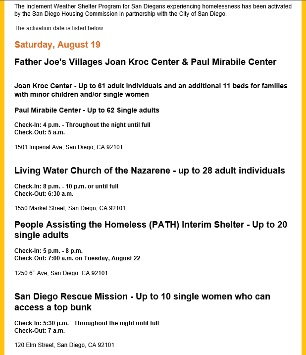 LisaHalverstadt's tweet photo. Four homeless service providers are making additional shelter available for @CityofSanDiego's unsheltered residents tonight. 👇👇

#HurricaneHilary #sandiego #homeless #shelter https://t.co/S3k3E3RegM